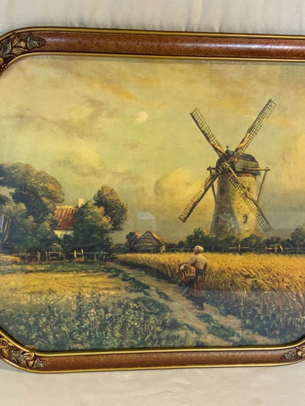 Vintage Dutch Windmill Landscape Print Art Deco Gilt Fruit Frame 18x22
